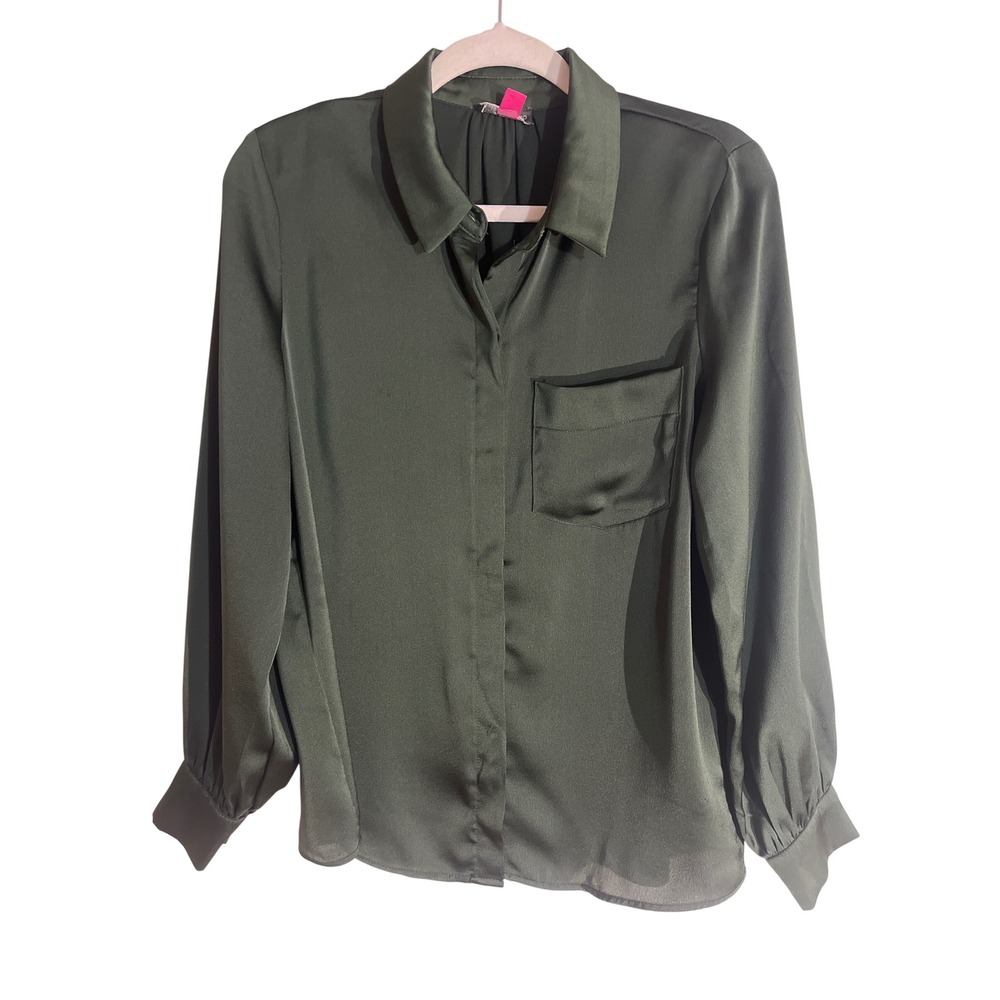 Vince Camuto Blouse Women's M Green Satin Button Front Long Sleeve Office Career